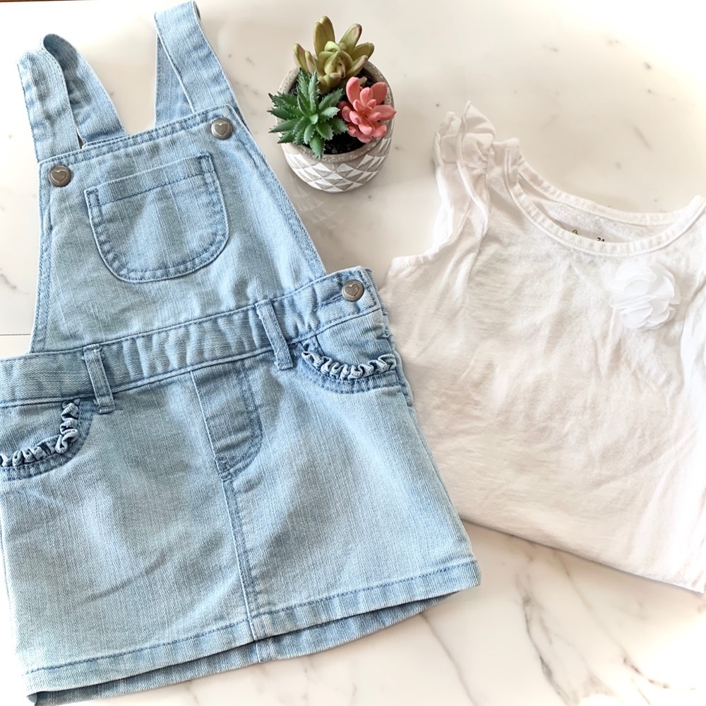 2T jean overall dress w white ruffle t-shirt